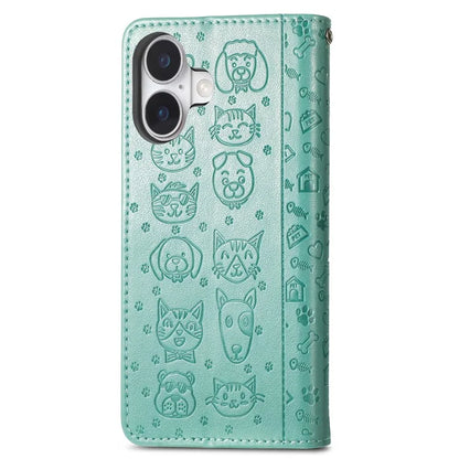 For iPhone 16 Plus Case Leather Wallet Flip Phone Cover Cute Cat Dog Pattern