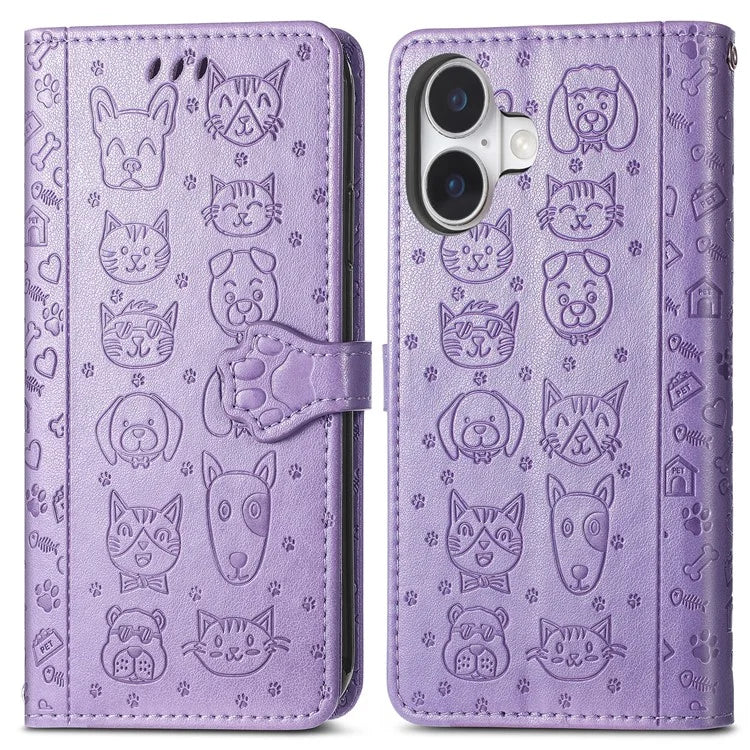 For iPhone 16 Plus Case Leather Wallet Flip Phone Cover Cute Cat Dog Pattern