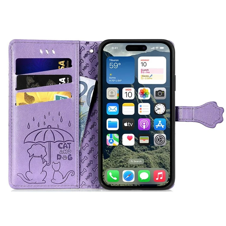 For iPhone 16 Plus Case Leather Wallet Flip Phone Cover Cute Cat Dog Pattern