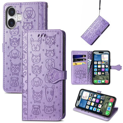 For iPhone 16 Plus Case Leather Wallet Flip Phone Cover Cute Cat Dog Pattern