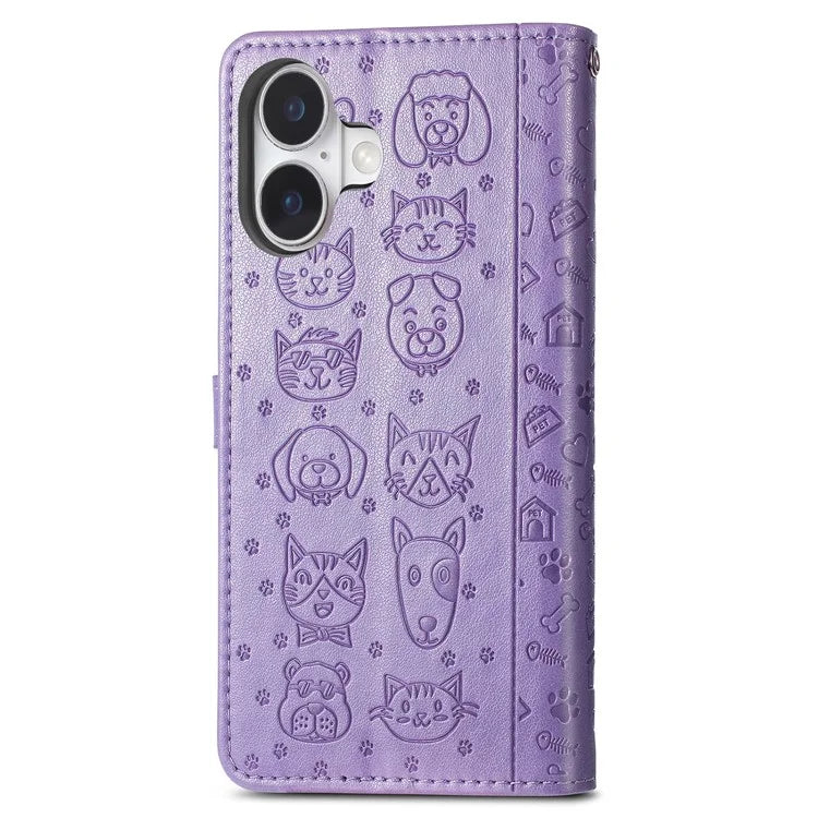 For iPhone 16 Plus Case Leather Wallet Flip Phone Cover Cute Cat Dog Pattern