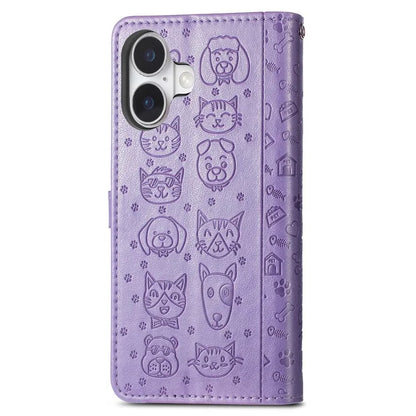 For iPhone 16 Plus Case Leather Wallet Flip Phone Cover Cute Cat Dog Pattern