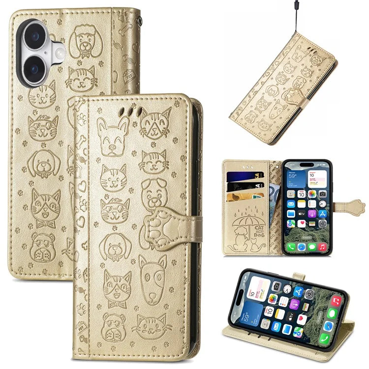 For iPhone 16 Case Leather Wallet Flip Phone Cover Cute Cat Dog Pattern