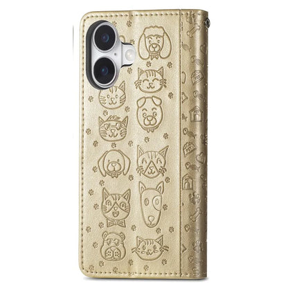 For iPhone 16 Case Leather Wallet Flip Phone Cover Cute Cat Dog Pattern