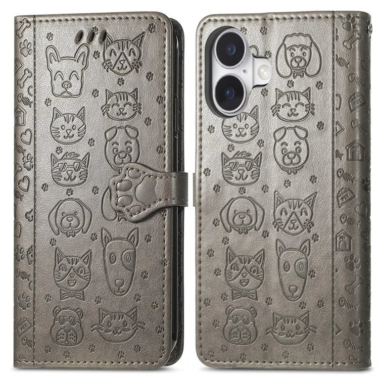 For iPhone 16 Case Leather Wallet Flip Phone Cover Cute Cat Dog Pattern