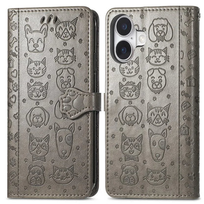 For iPhone 16 Case Leather Wallet Flip Phone Cover Cute Cat Dog Pattern