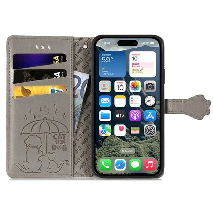 For iPhone 16 Case Leather Wallet Flip Phone Cover Cute Cat Dog Pattern