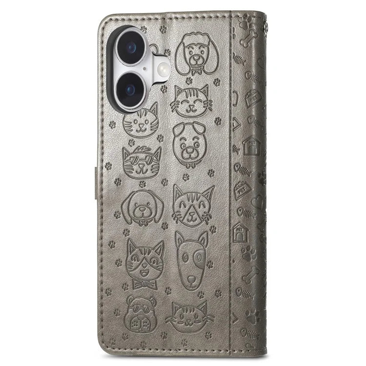 For iPhone 16 Case Leather Wallet Flip Phone Cover Cute Cat Dog Pattern