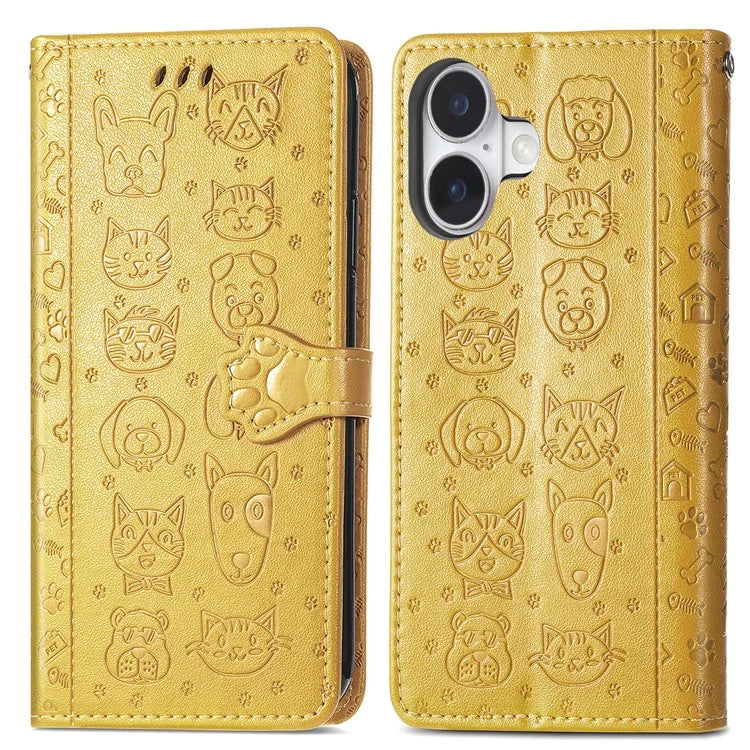 For iPhone 16 Case Leather Wallet Flip Phone Cover Cute Cat Dog Pattern