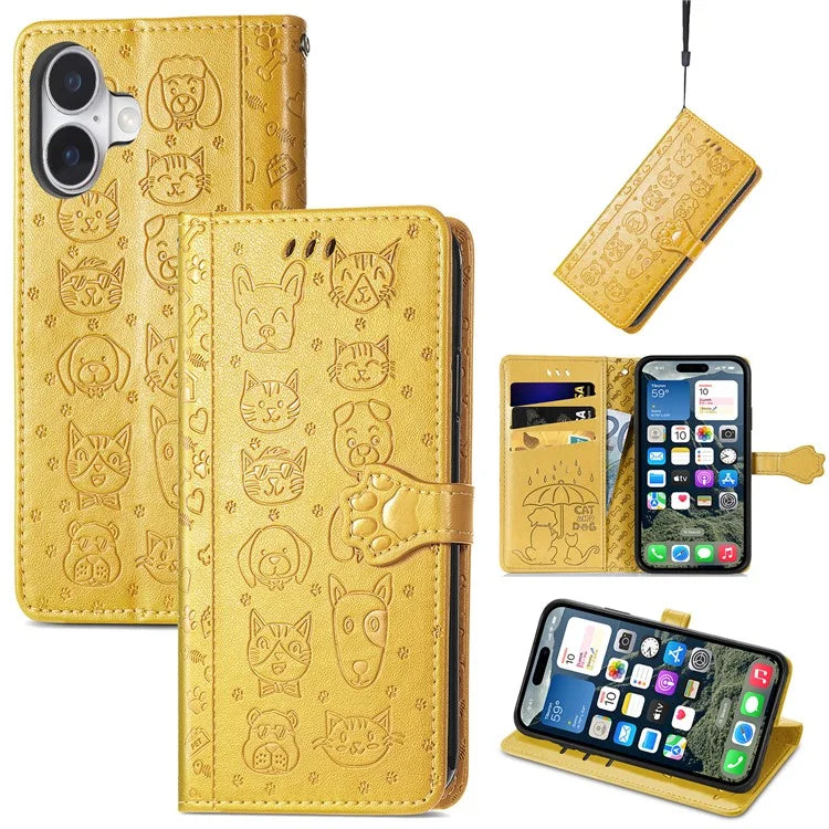 For iPhone 16 Case Leather Wallet Flip Phone Cover Cute Cat Dog Pattern