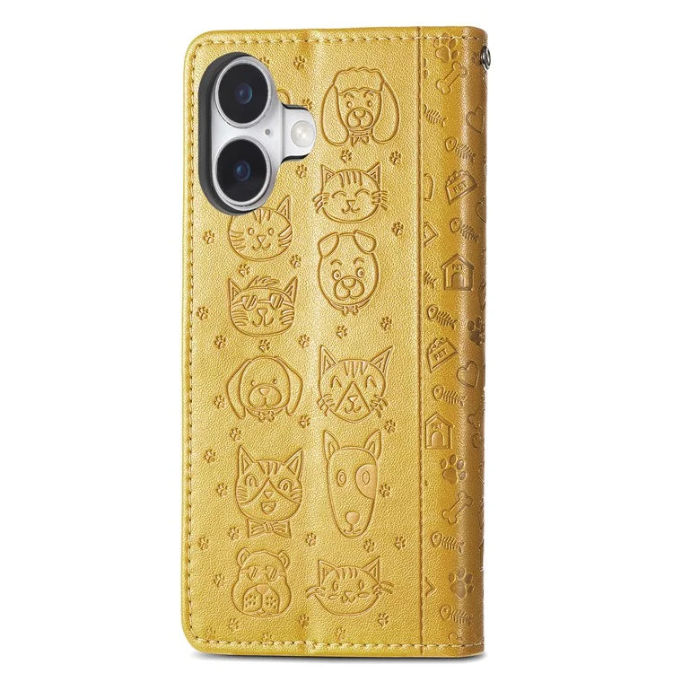 For iPhone 16 Case Leather Wallet Flip Phone Cover Cute Cat Dog Pattern