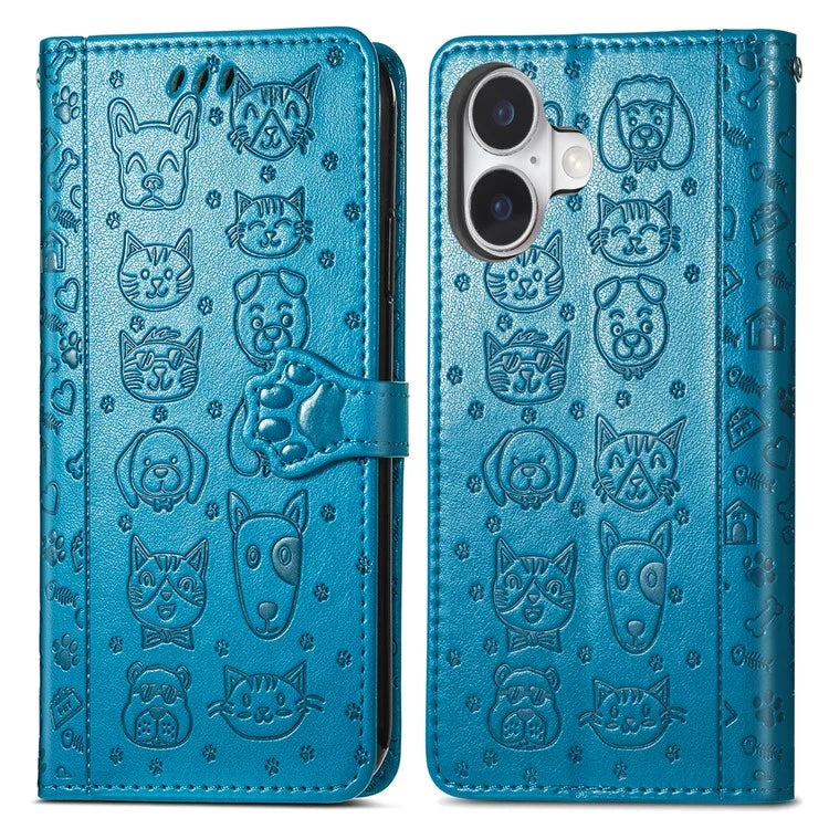 For iPhone 16 Case Leather Wallet Flip Phone Cover Cute Cat Dog Pattern
