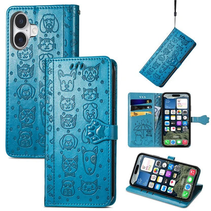 For iPhone 16 Case Leather Wallet Flip Phone Cover Cute Cat Dog Pattern
