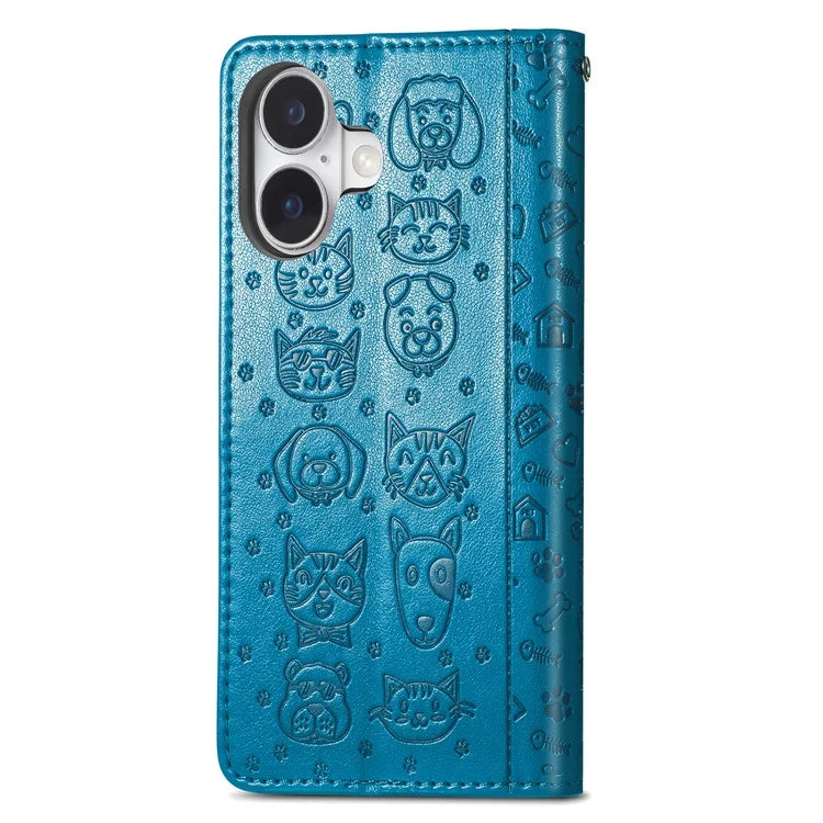 For iPhone 16 Case Leather Wallet Flip Phone Cover Cute Cat Dog Pattern