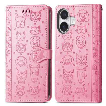 For iPhone 16 Case Leather Wallet Flip Phone Cover Cute Cat Dog Pattern