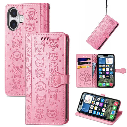For iPhone 16 Case Leather Wallet Flip Phone Cover Cute Cat Dog Pattern