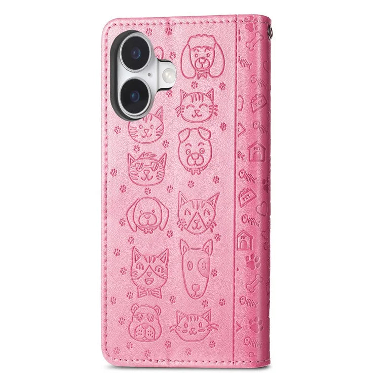 For iPhone 16 Case Leather Wallet Flip Phone Cover Cute Cat Dog Pattern