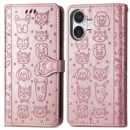 For iPhone 16 Case Leather Wallet Flip Phone Cover Cute Cat Dog Pattern