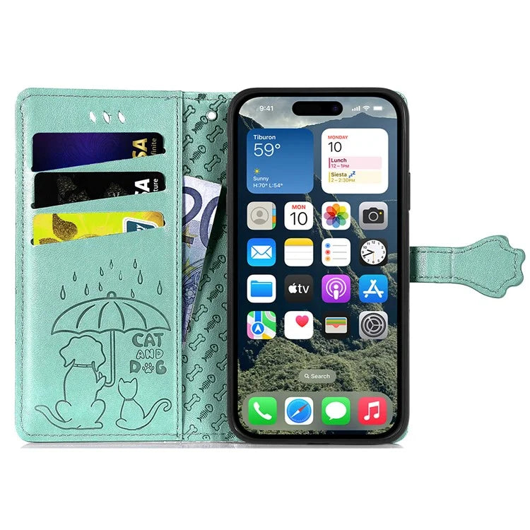 For iPhone 16 Case Leather Wallet Flip Phone Cover Cute Cat Dog Pattern