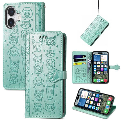 For iPhone 16 Case Leather Wallet Flip Phone Cover Cute Cat Dog Pattern
