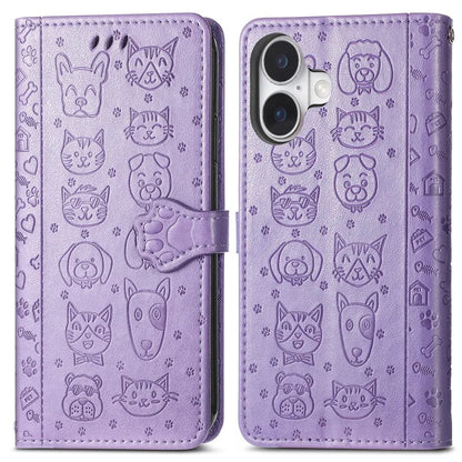 For iPhone 16 Case Leather Wallet Flip Phone Cover Cute Cat Dog Pattern