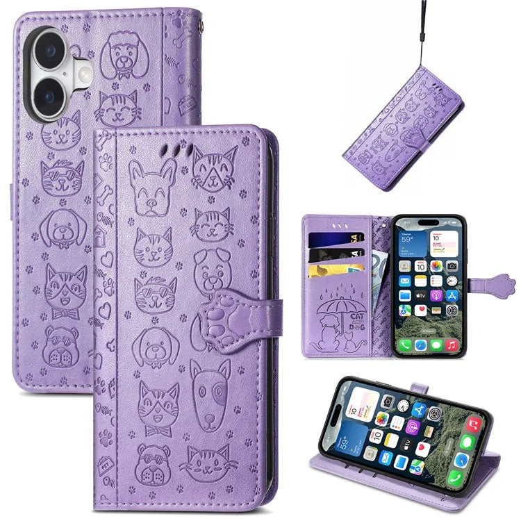 For iPhone 16 Case Leather Wallet Flip Phone Cover Cute Cat Dog Pattern
