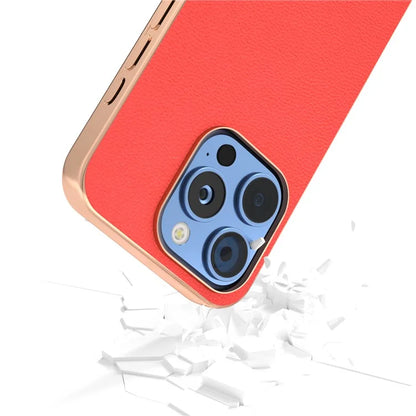 ABEEL For iPhone 16 Pro Max Case Electroplating Edge Genuine Cow Leather Coated PC+TPU Phone Cover