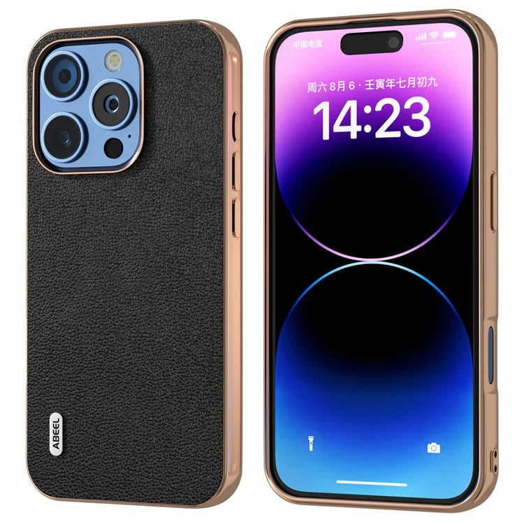 ABEEL For iPhone 16 Pro Case Electroplating Edge Genuine Cow Leather Coated PC+TPU Phone Cover
