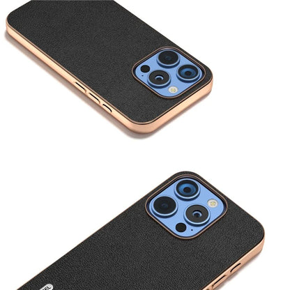 ABEEL For iPhone 16 Pro Case Electroplating Edge Genuine Cow Leather Coated PC+TPU Phone Cover