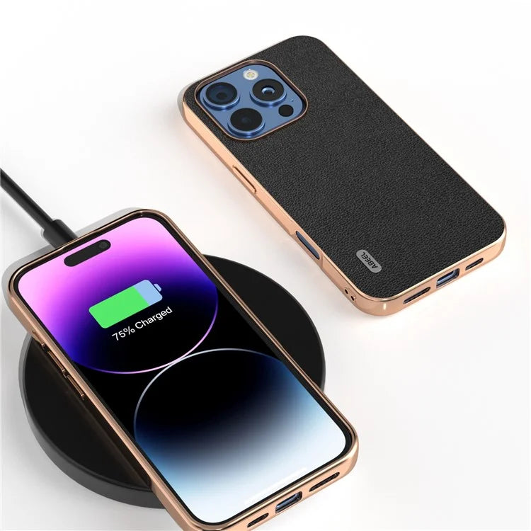 ABEEL For iPhone 16 Pro Case Electroplating Edge Genuine Cow Leather Coated PC+TPU Phone Cover