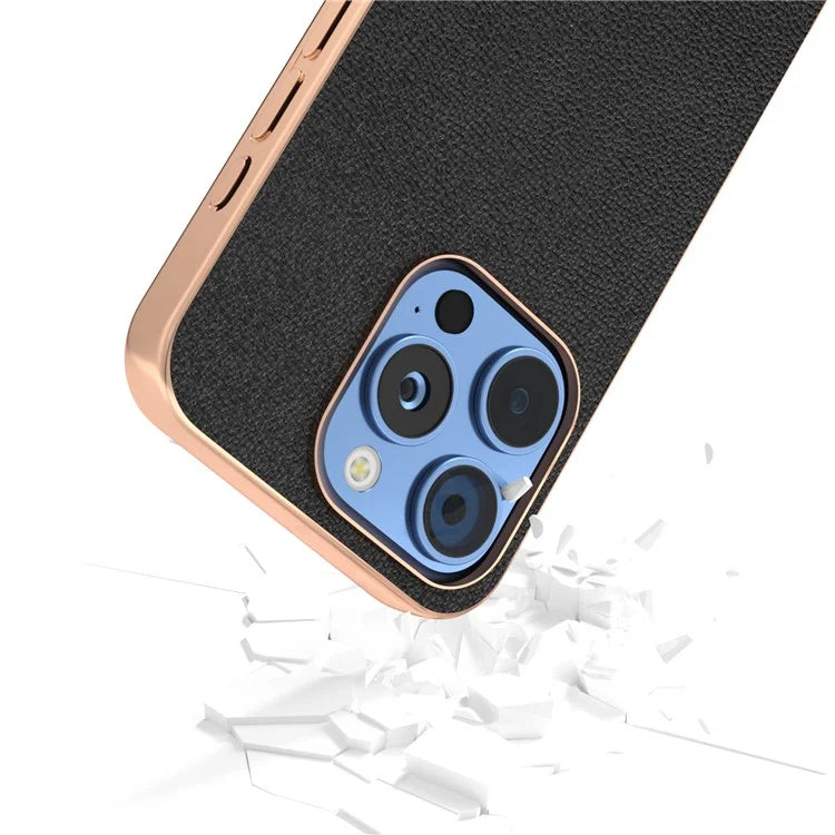 ABEEL For iPhone 16 Pro Case Electroplating Edge Genuine Cow Leather Coated PC+TPU Phone Cover