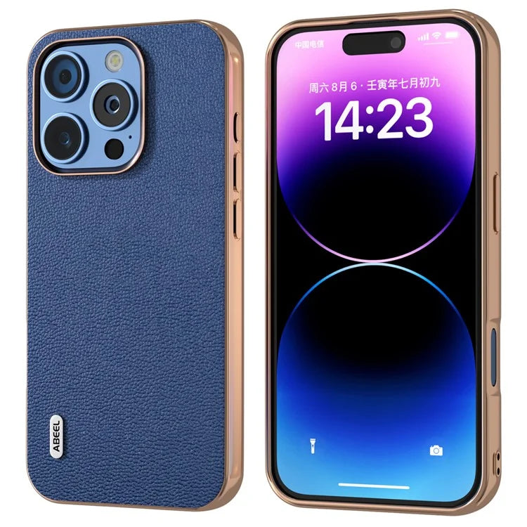 ABEEL For iPhone 16 Pro Case Electroplating Edge Genuine Cow Leather Coated PC+TPU Phone Cover