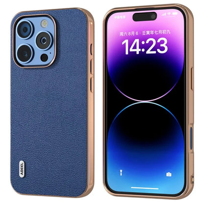 ABEEL For iPhone 16 Pro Case Electroplating Edge Genuine Cow Leather Coated PC+TPU Phone Cover