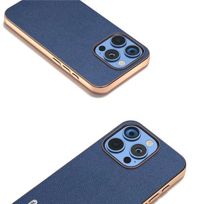 ABEEL For iPhone 16 Pro Case Electroplating Edge Genuine Cow Leather Coated PC+TPU Phone Cover