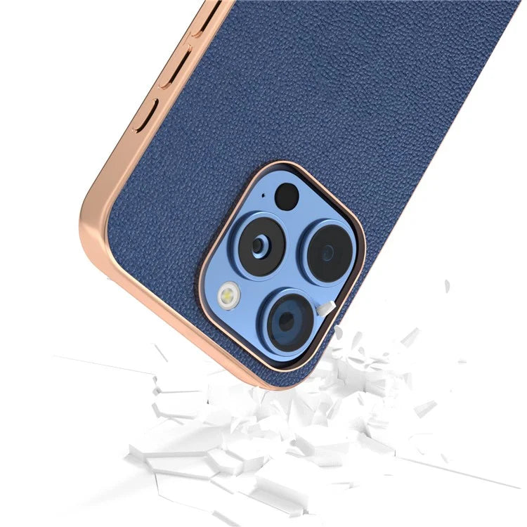 ABEEL For iPhone 16 Pro Case Electroplating Edge Genuine Cow Leather Coated PC+TPU Phone Cover