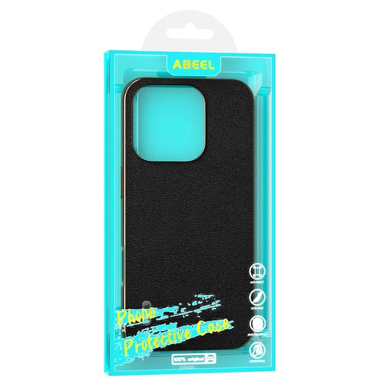 ABEEL For iPhone 16 Pro Case Electroplating Edge Genuine Cow Leather Coated PC+TPU Phone Cover