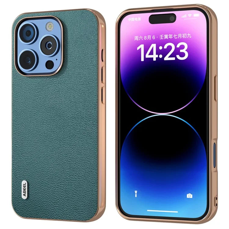 ABEEL For iPhone 16 Pro Case Electroplating Edge Genuine Cow Leather Coated PC+TPU Phone Cover