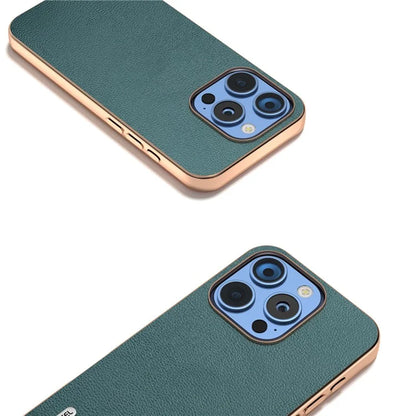 ABEEL For iPhone 16 Pro Case Electroplating Edge Genuine Cow Leather Coated PC+TPU Phone Cover