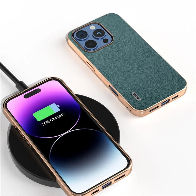 ABEEL For iPhone 16 Pro Case Electroplating Edge Genuine Cow Leather Coated PC+TPU Phone Cover