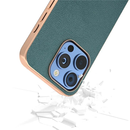 ABEEL For iPhone 16 Pro Case Electroplating Edge Genuine Cow Leather Coated PC+TPU Phone Cover