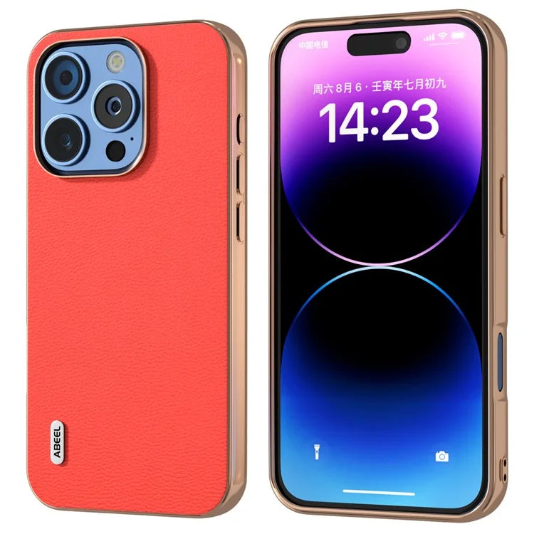 ABEEL For iPhone 16 Pro Case Electroplating Edge Genuine Cow Leather Coated PC+TPU Phone Cover
