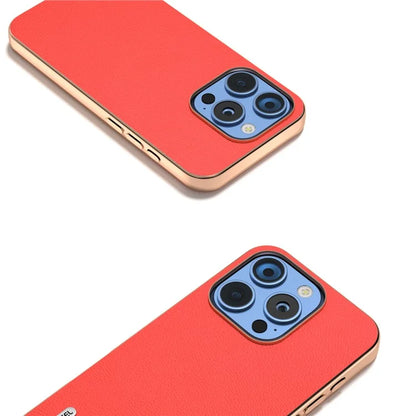 ABEEL For iPhone 16 Pro Case Electroplating Edge Genuine Cow Leather Coated PC+TPU Phone Cover