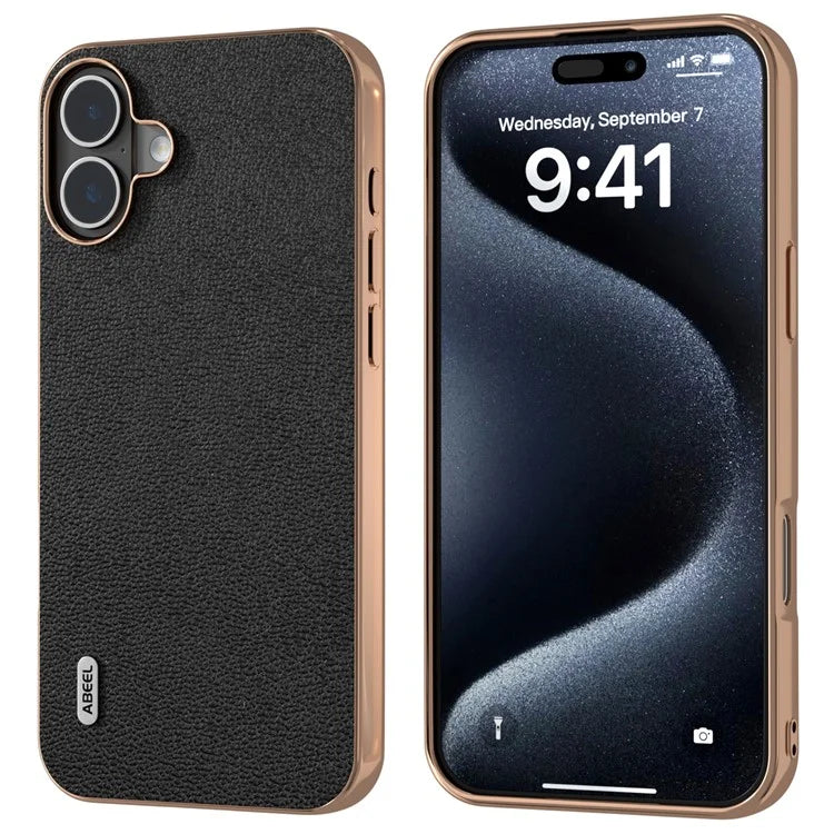 ABEEL For iPhone 16 Case Electroplating Edge Genuine Cow Leather Coated PC+TPU Phone Cover