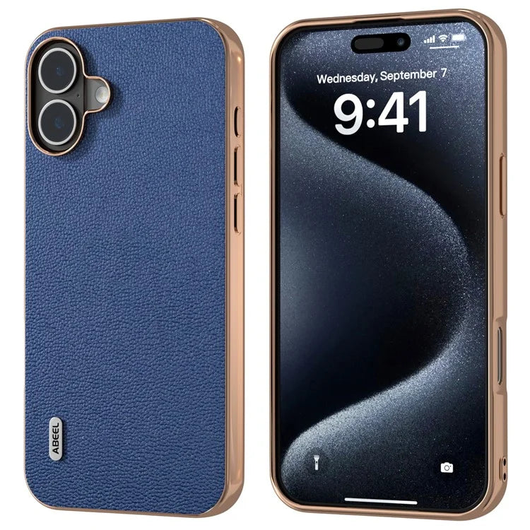 ABEEL For iPhone 16 Case Electroplating Edge Genuine Cow Leather Coated PC+TPU Phone Cover