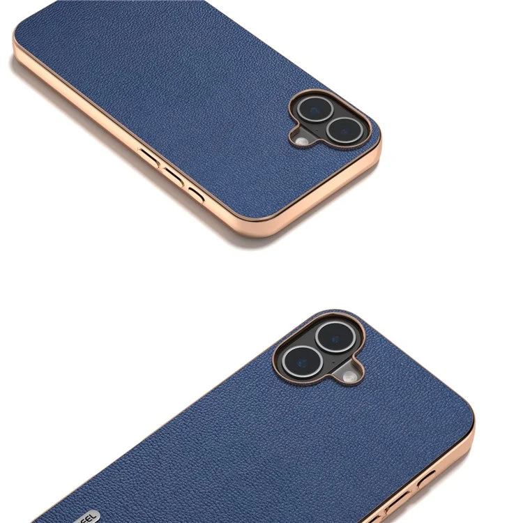 ABEEL For iPhone 16 Case Electroplating Edge Genuine Cow Leather Coated PC+TPU Phone Cover