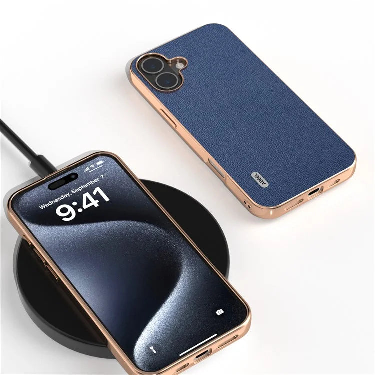 ABEEL For iPhone 16 Case Electroplating Edge Genuine Cow Leather Coated PC+TPU Phone Cover