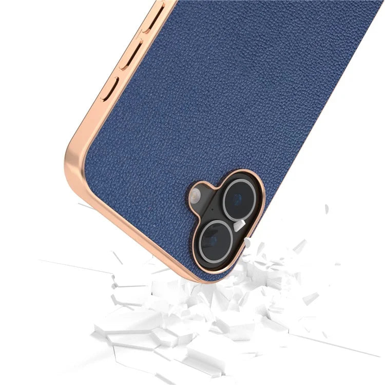 ABEEL For iPhone 16 Case Electroplating Edge Genuine Cow Leather Coated PC+TPU Phone Cover