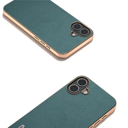 ABEEL For iPhone 16 Case Electroplating Edge Genuine Cow Leather Coated PC+TPU Phone Cover