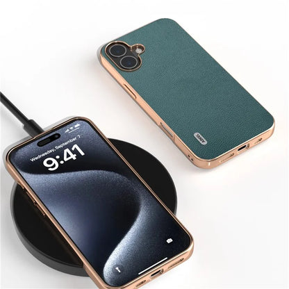 ABEEL For iPhone 16 Case Electroplating Edge Genuine Cow Leather Coated PC+TPU Phone Cover