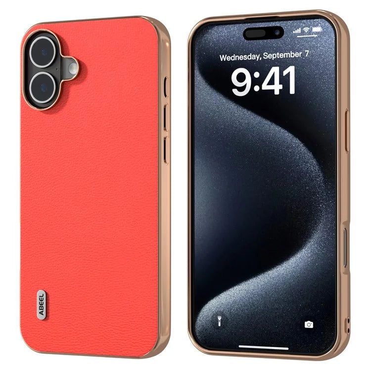 ABEEL For iPhone 16 Case Electroplating Edge Genuine Cow Leather Coated PC+TPU Phone Cover